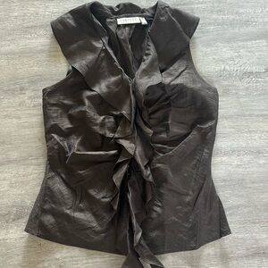 FARINAZ TAGHAVI grey Linen Blend Ruffle Front Sleeveless Shirt Size 8